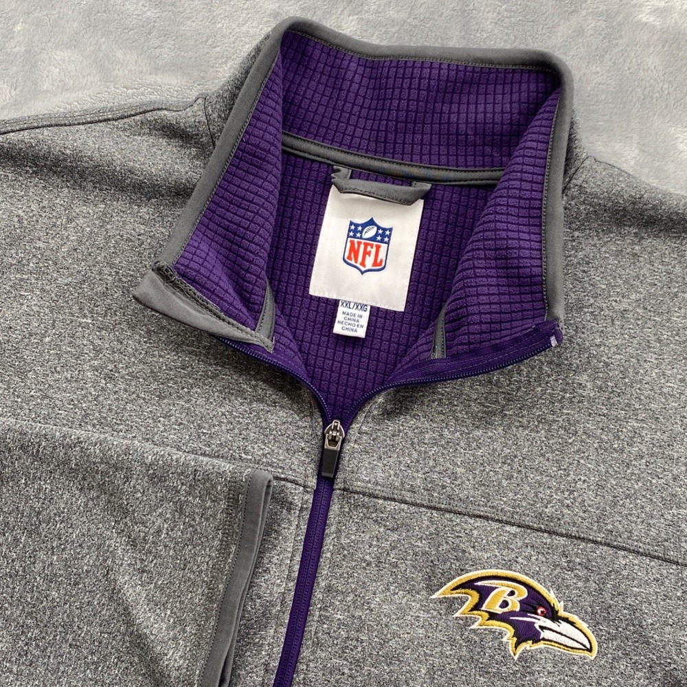 NFL Baltimore Ravens Mens XXL 1/4 Zip Pullover Gray Purple Grid Fleece Jacket
